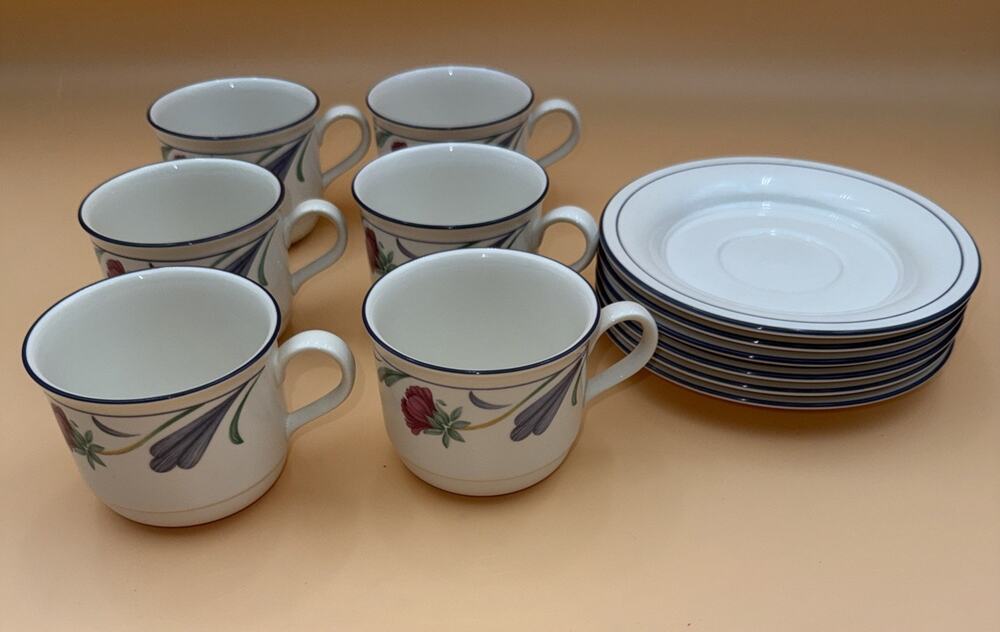 Vtg Set Of 6 - LENOX POPPIES ON BLUE - Coffee Cups & Saucers - USA - Chinastone